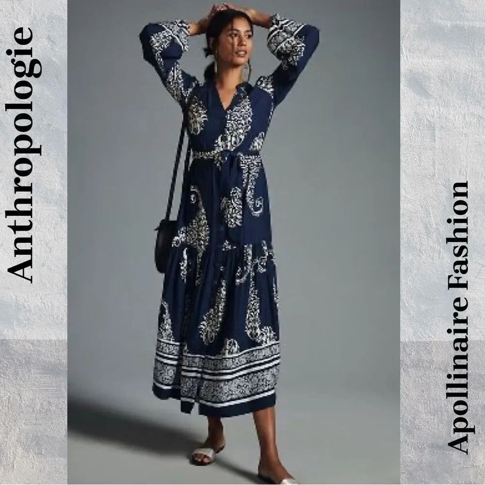 ANTHROPOLOGIE TIERED BUTTON DOWN MAXI DRESS NAVY LARGE NWT
